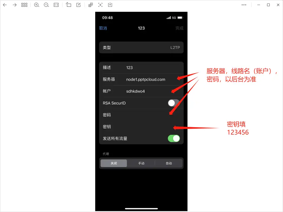 填写 L2TP 配置信息